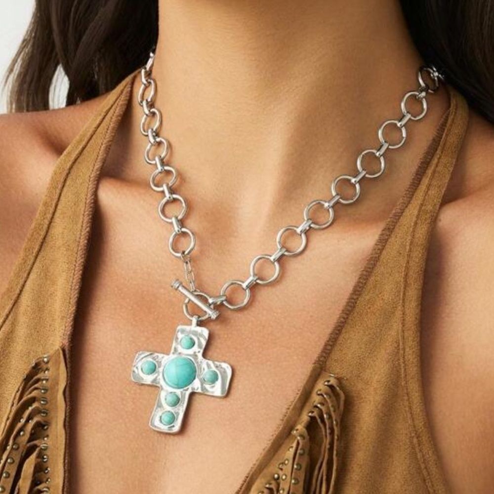 Turquoise Cross Pendant Necklace #1773